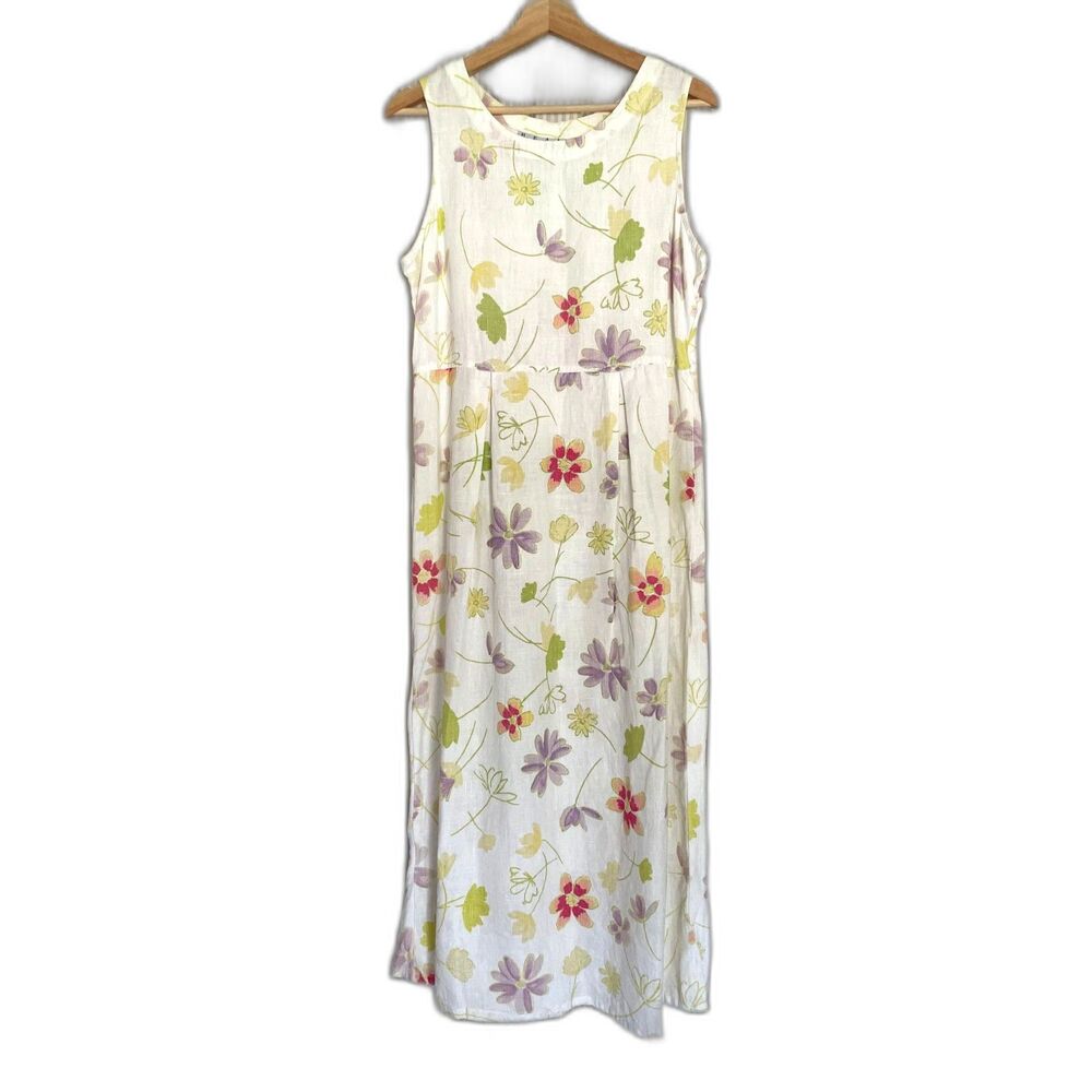 Vtg Real Comfort Women Sz 10 Linen Dress Sleeveless Floral Print Artsy Lagenlook